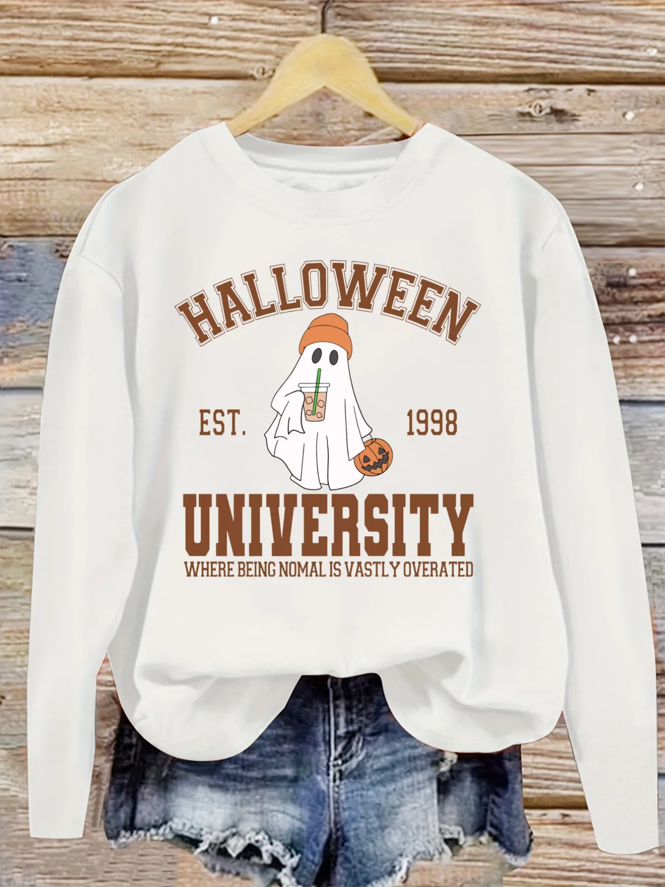 Women's Casual Long Sleeve Crew Neck T-Shirt Halloween University Ghost Print Design, Round Neck Women's Clothing, Machine Washable, Slightly Elastic, Loose Fit, Spring Autumn Winter Women's T-Shirt, Halloween Costume Outfit view 5