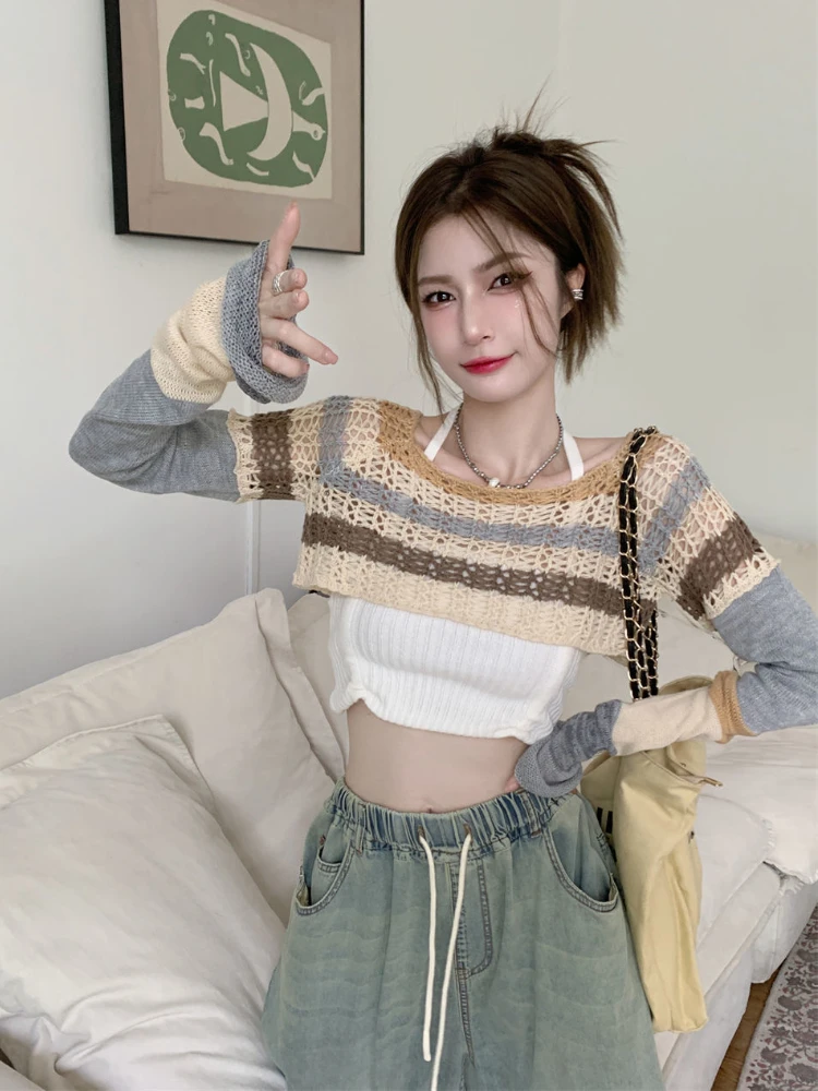 Cropped Panelled Smock Striped Pullovers Y2k Clothes Harajuku Ulzzang Casual Sweaters All-match for Ladies Pull Femme Ropa Mujer