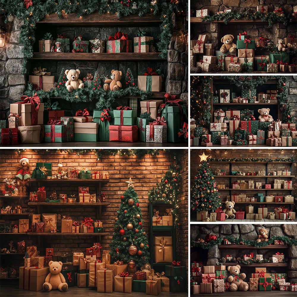 

Christmas Night Room Background Photography Toy Gift Bear Bookshelf Xmas Tree Backdrop New Year's Eve Kids Birthday Photo Studio