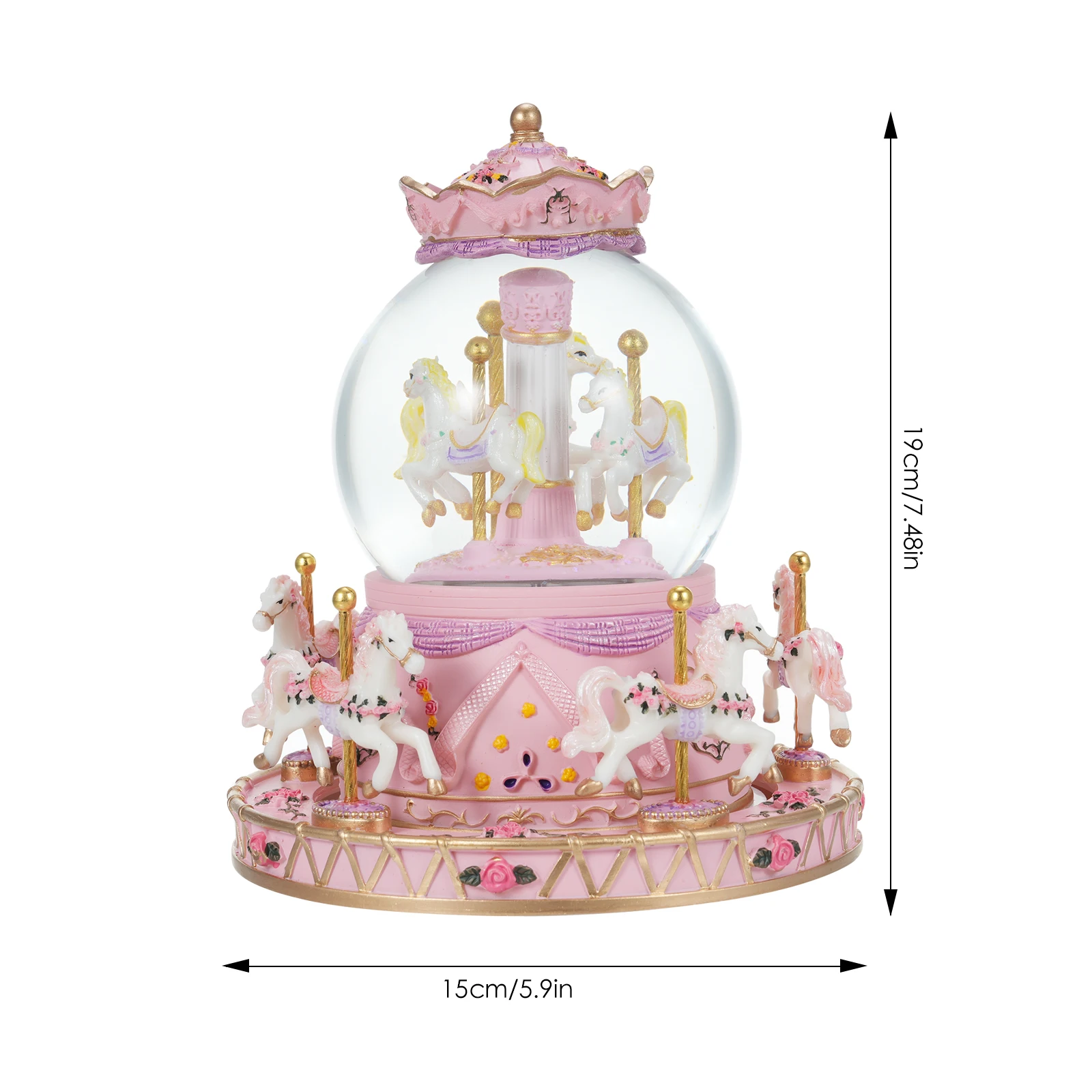 Rotating Carousel Music Box Crystal Ball Light-up Snow Globe Wind-up Musical Box Colorful Lights Cute Little Horses Girls Festiv