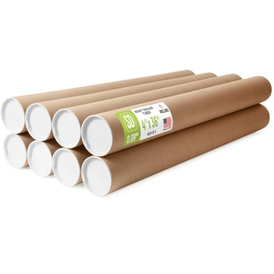 

4" x 36" Reinforced Kraft Paper Mailing Tube, Pack of 8 Tubes with 16 Caps Secure USPS Approved Poster Tube Made in USA Cardboa