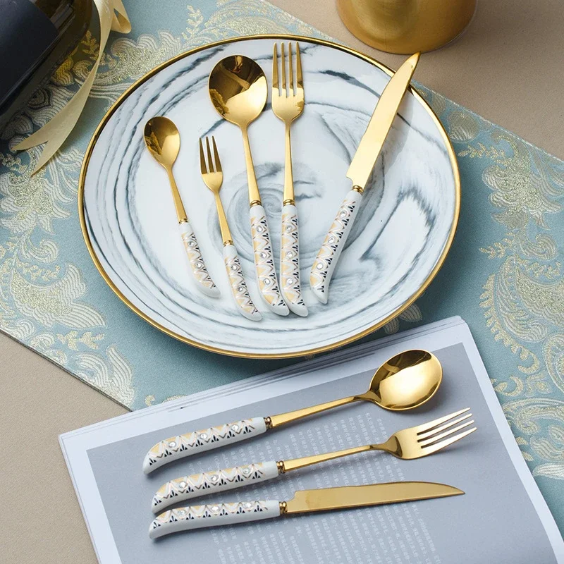 Ceramic Handle Stainless Steel Cutlery Set Complete Tableware Table Forks Camping Fork Spoon Dinner Spoons Dinnerware Kitchen