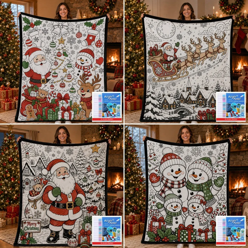 Christmas Coloring Fleece Blanket, Santa Pattern Doodle Throw Blanket, Seasonal Soft Nap Blanket for Home Office Decor