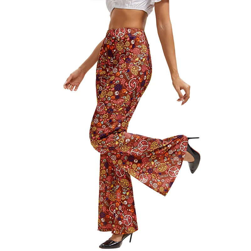SXL Women's Hippie Disco Wide Leg Pants Color Block Print Long Trousers Set Summer 2025 Ethnic Stage Costume Fashion