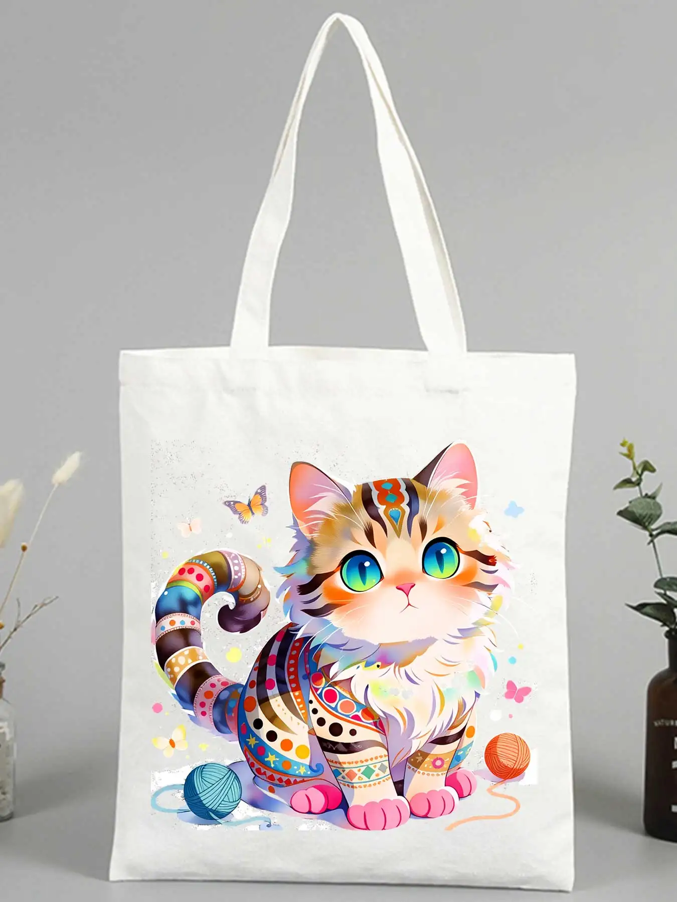 Sac fourre-tout en toile avec motif de chat coloré et impression artistique, parfait pour les courses quotidiennes et les sorties décontractées
