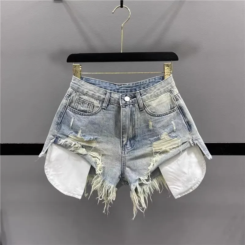 Jeans coreano vintage azul sexy rasgado para mulheres, shorts jeans ultra de cintura alta de patchwork a linha