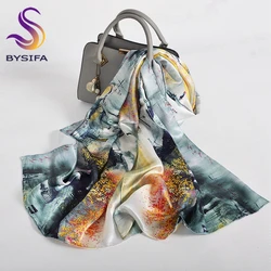 BYSIFA|Grey Pink Silk Shawl Scarf New Water Ink Painting Design Long Scarves Printed Fashion Accessories Head Neck Scarves Wraps