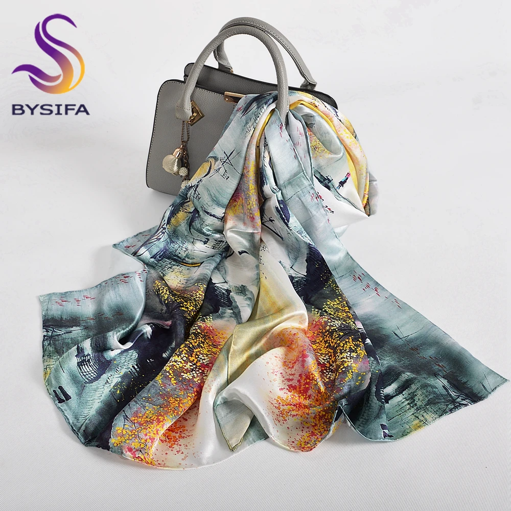 BYSIFA|Grey Pink Silk Shawl Scarf New Water Ink Painting Design Long Scarves Printed Fashion Accessories Head Neck Scarves Wraps