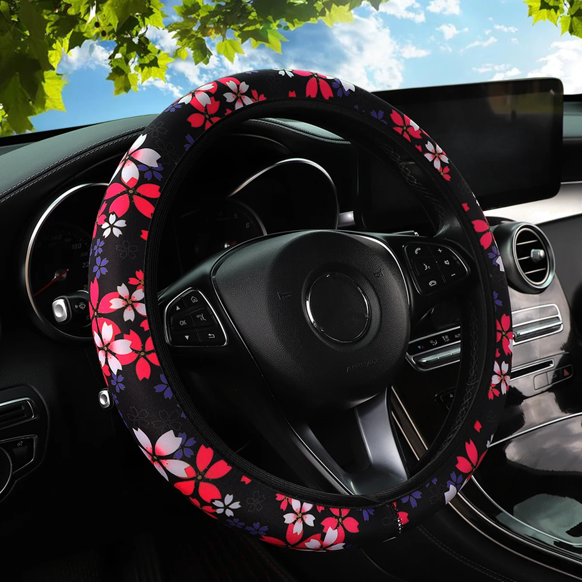 غطاء عجلة قيادة السيارة بدون إطار من القماش المطبوع من مواد الغوص مع أنماط زهر الكرز وعباد الشمس، وتزيين سيارة الأشباح