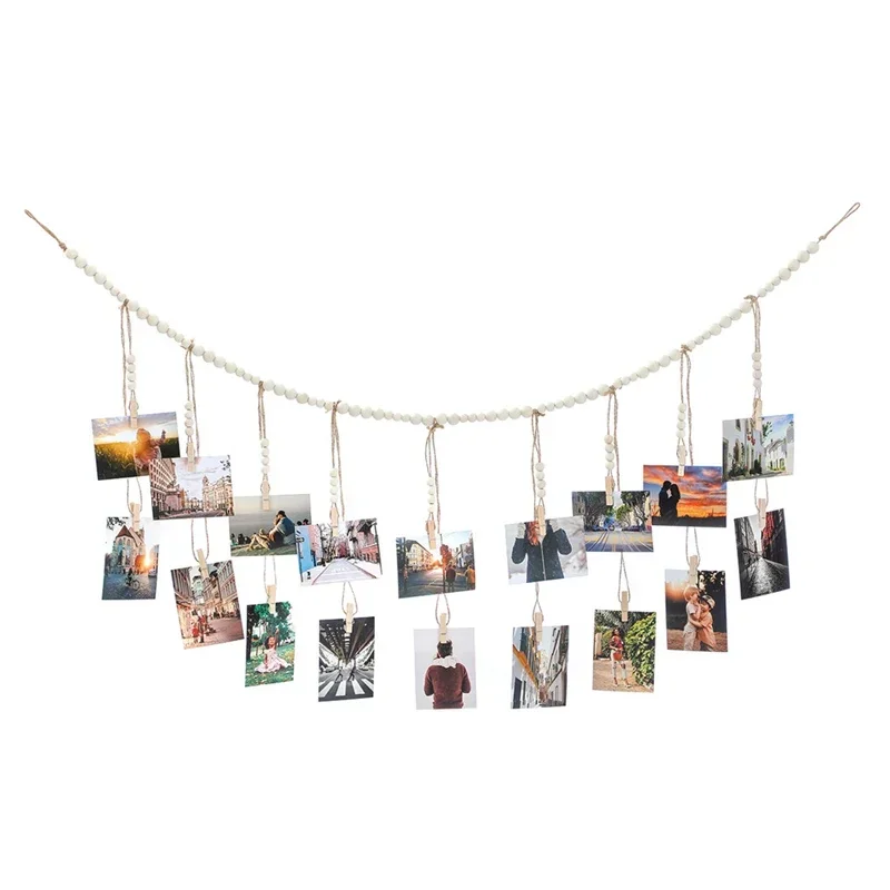 Wall Hanging Photo Display with Wood Beads Garland Boho Collage Picture Frame with18 Wood Clips for Rustic Country Home Decor