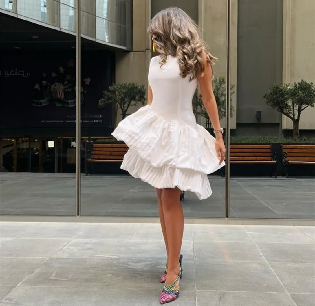 

Vintage Short White Evening Dresses with Ruffles A-Line Crepe فساتين السهرة Knee Length Prom Dress for Women