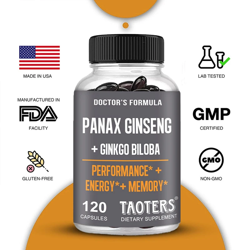 Ginseng + Ginkgo Extract Capsules - Natural Energy Boosting Supplement Improves Strength and Endurance, Promotes Overall Health