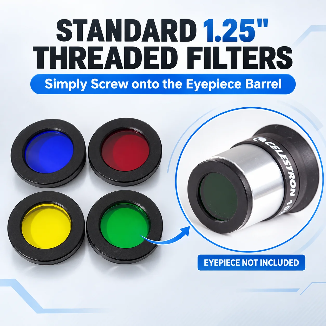 1.25 Inch Telescope Color Filter Kit, 4PCS Red Blue Green Yellow Threaded Eyepiece Filters for Moon and Planet Viewing