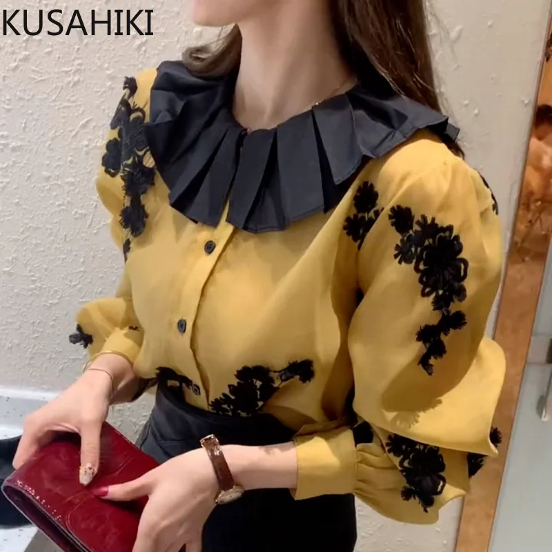 KUSAHIKI Hit Color Peter Pan Collar Women Chiffon Blouse Lantern Sleeve 2023 Autumn Shirts Korean Fashion Blusas De Mujer 6V897