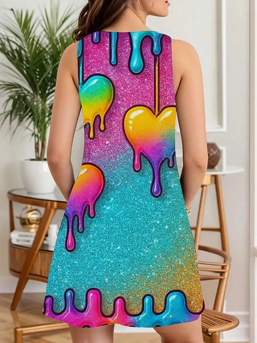 

Women Sleeveless Dress Colorful Heart Drip Glitter Print Summer Party Festival Wear