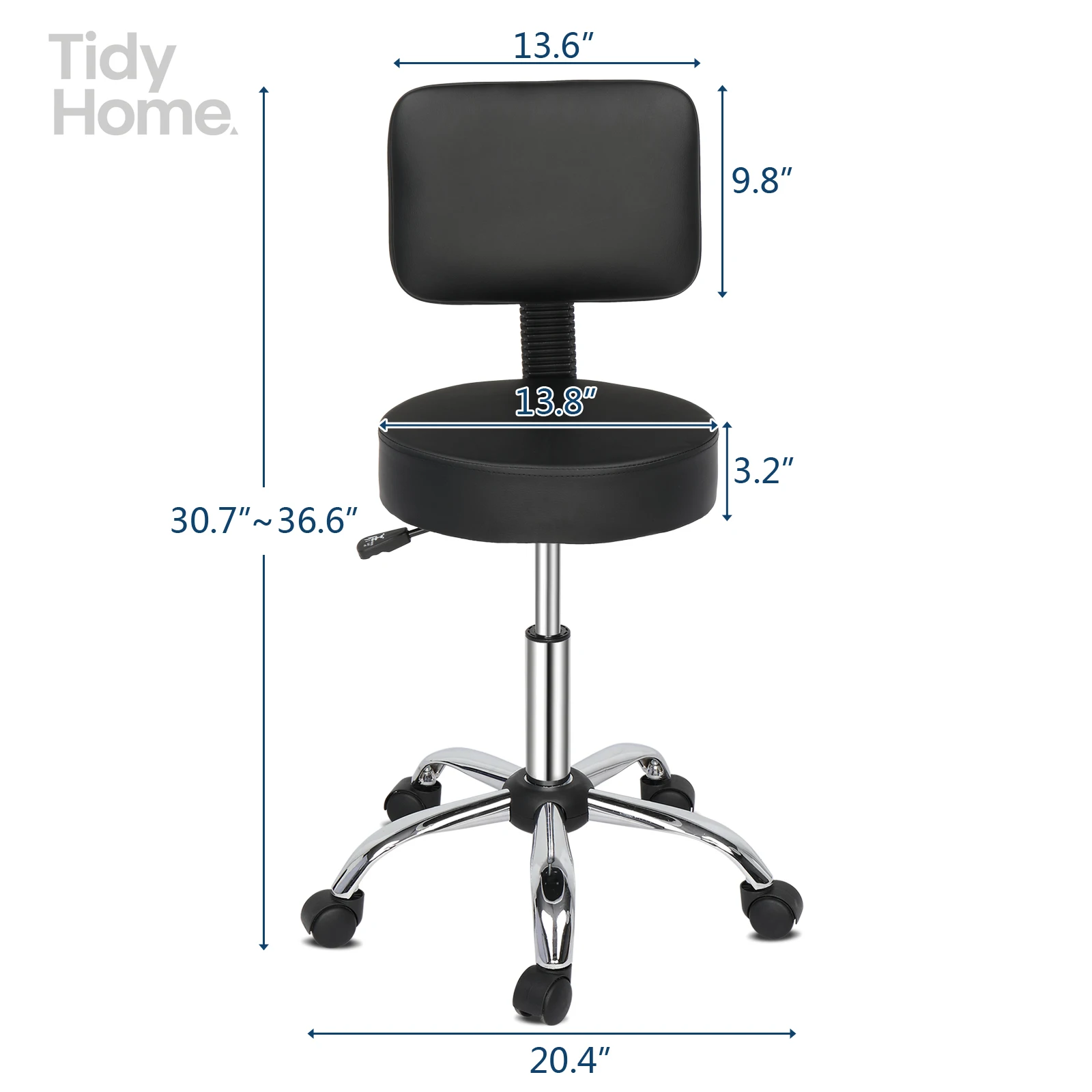 Semi-PU Leather Nylon Wheel 300lbs Round Stool With Backrest Plating Feet Technician Stool ,Multi-Purpose Drafting Spa Bar Stool
