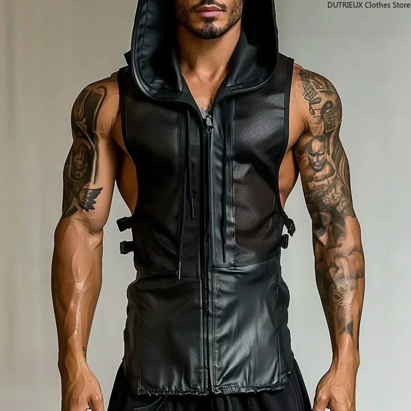 Men\'s Leather Stitching Net Shirt Motorcycle Leather Vest Top Sexy See-through Hooded Vest Muscular Men Fitness Vest Tank Top Me