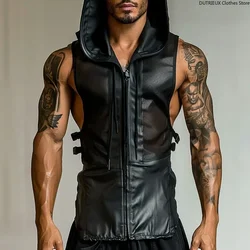 Men's Leather Stitching Net Shirt Motorcycle Leather Vest Top Sexy See-through Hooded Vest Muscular Men Fitness Vest Tank Top Me