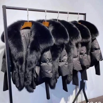 MENINA BONITA-Jaqueta grande de pele de raposa para mulheres, casaco grosso e quente de pele real, jaqueta de pato branco, casacos femininos, inverno