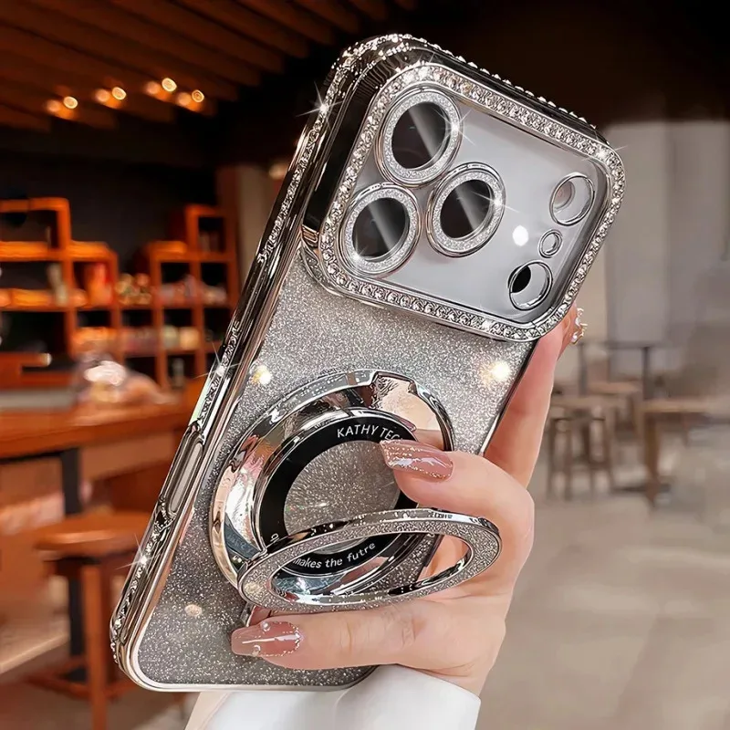 Picture 7: Plating Transparent Diamond Glitter Magnetic Phone Case for iPhone 17 16 13 14 15 Pro Max Lens Protection Bracket Back Cover