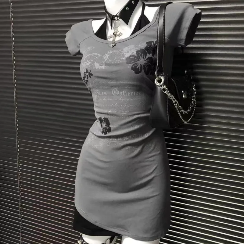 

Summer Fake Two Pieces Halter Vintage Dress Y2k Aesthetic Slim Hip Wrap Skirt Women Grunge Printed Haraiuku Casual Sexy Dresses