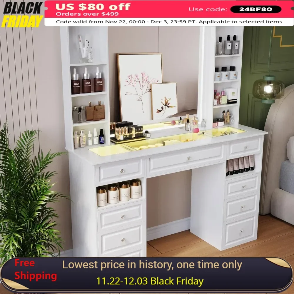 Vanity Desk with Lighted Mirror，Makeup Vanity Table with 9 Drawers，European Style Vanity，Crystal Ball Knobs，Vanity Makeup Desk