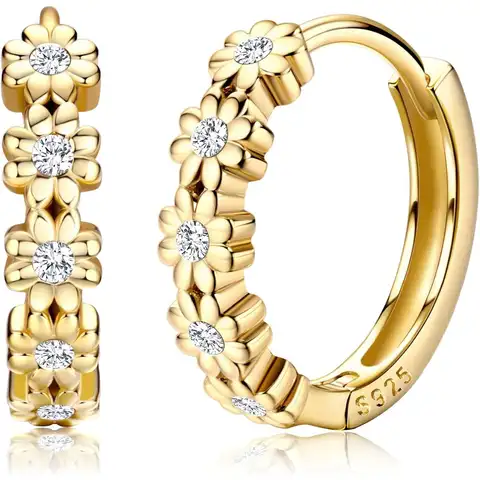 Solid 925 Sterling Silver Small Hoop Earrings for Women 14K Plated Gold Daisy Huggie Hoop Earrings Cute Cubic Zirconia Flower Hoop Earrings Hypoallergenic Earrings