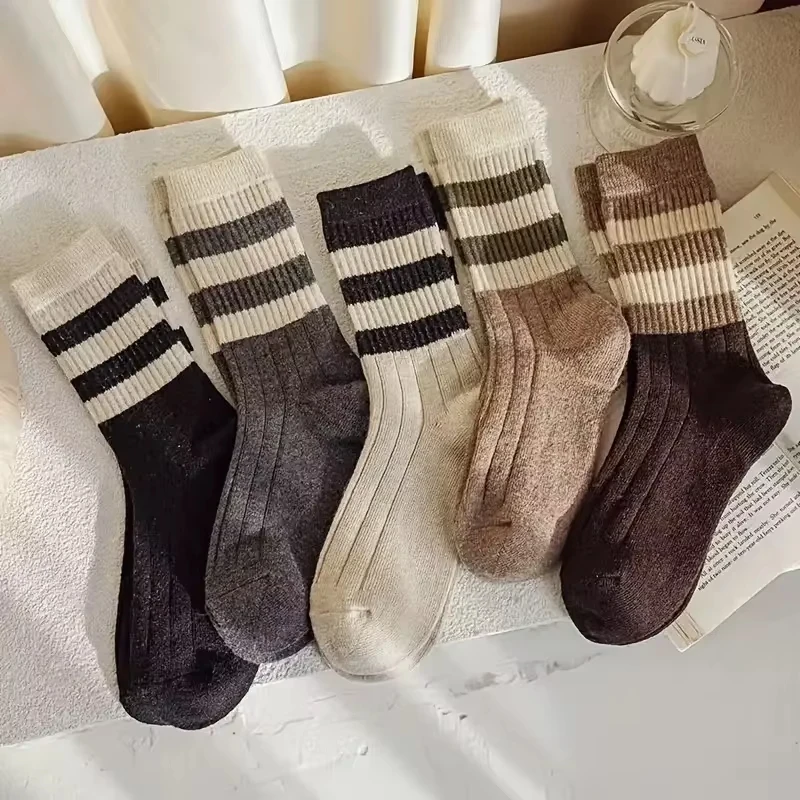 5Pairs For Women Including Mid Calf Socks Striped Forest Style Socks Retro Japanese Style Long Socks Four Season