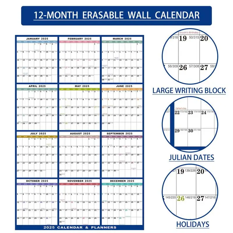 2025 Calendar Planner Dry Erase Sheet Wall Calendar Erasable Foldable Schedules Yearly Planner Double-sided Board With 2 markers