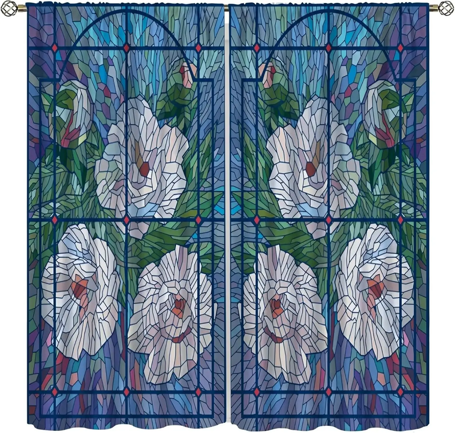 Boho Stained Glass Flower Curtain Floral Flower Blue Fashion Printed Modern Window Drapes for Teenager Bedroom Living Room