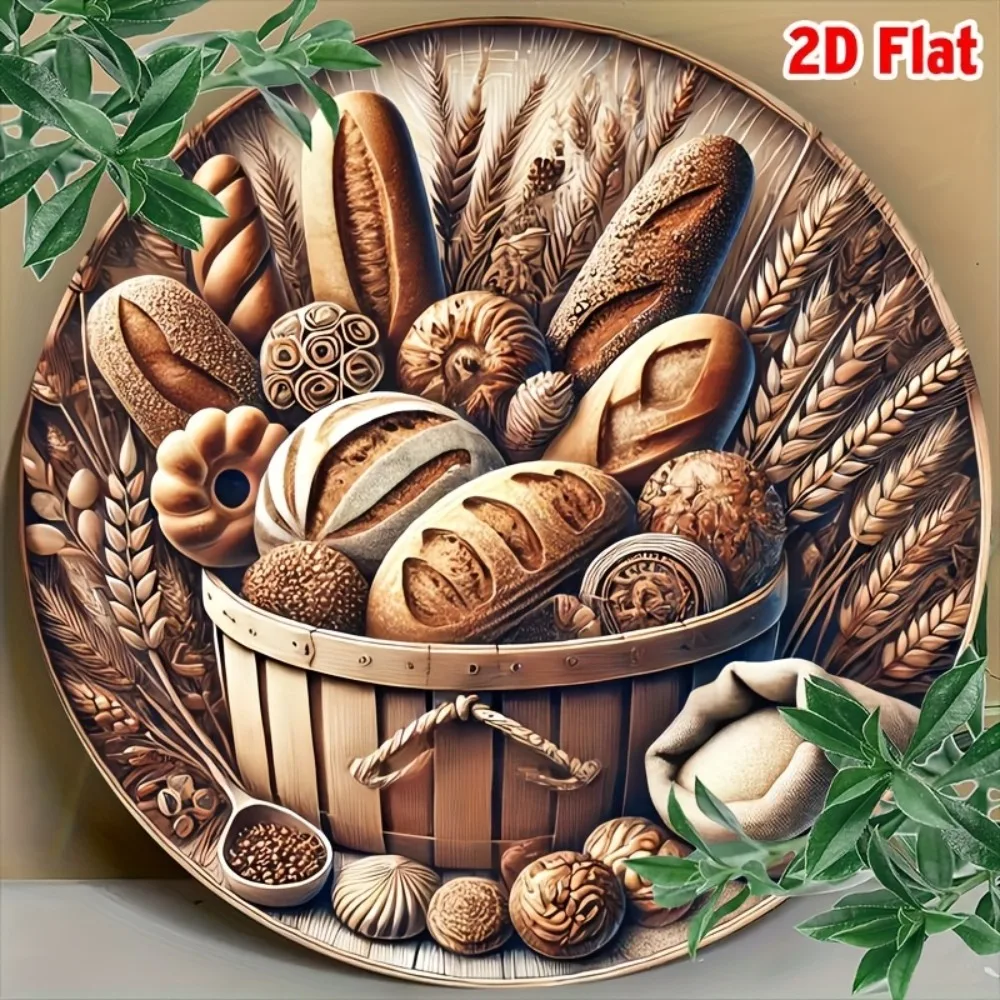 Rustic Farmhouse Bread Basket HD Print Metal Tin Sign – Featuring Assorted Artisan Loaves, Wheat Stalks, Wooden Bucket & Sack wi