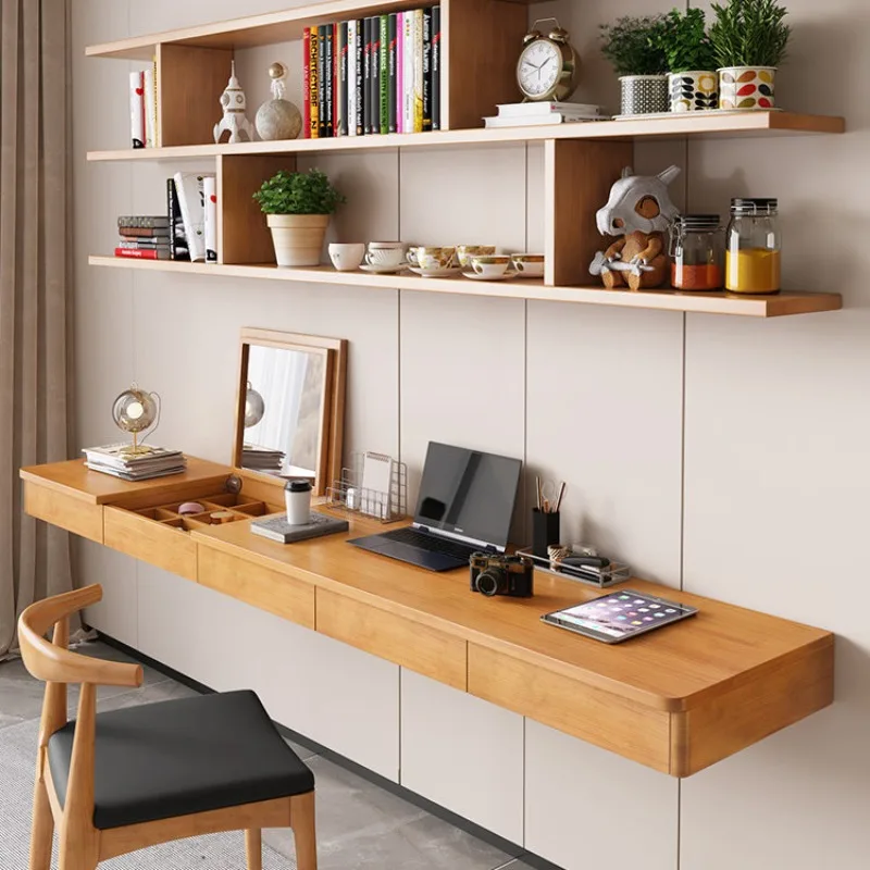 Modern Solid Wood Wall Mounted Desk with Bookshelf Nordic Bedroom Floating Study Table Home Furniture Bureau Flottant FYFD