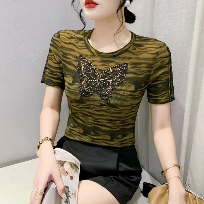 #5417 Summer Short Sleeve T Shirt Women Butterfly Diamonds Sexy Skinny Tshirt Spliced Mesh Short Sleeve Office T-Shirt Vintage