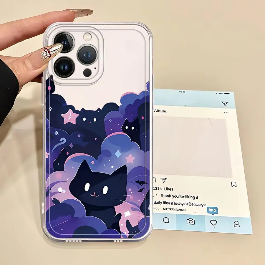 

Black Cat Starry Night Soft Phone Cover Case for iPhone 17 Pro Max 14 Plus 11 7 8 15 12 Mini 13 Pro XR XS Max Air 16