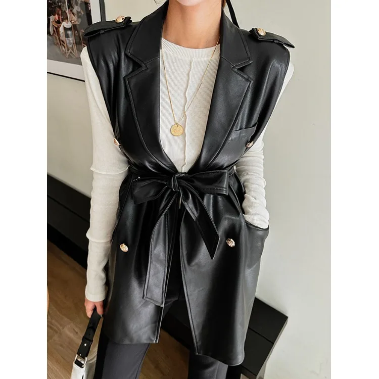 

Sli Korean Version Biker Jaet Double Row Buttons Leather Vest Long Coat Women's Faion Outerwear Spring Autumn Winter