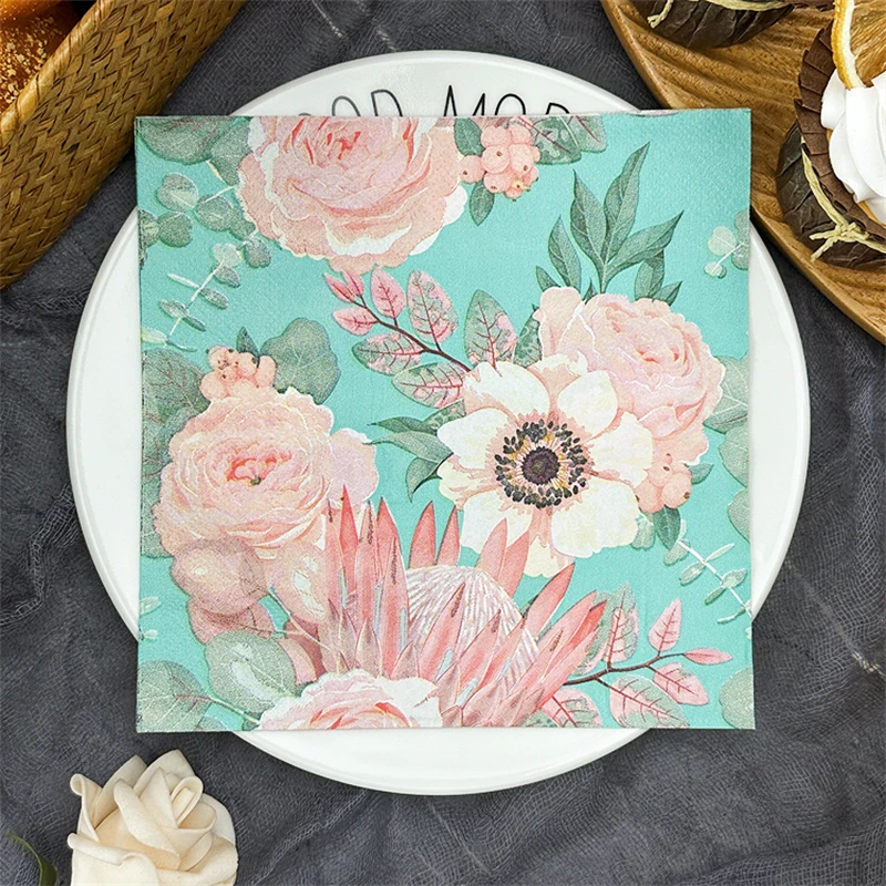 20/50pcs 33*33cm 2ply Blue King Protea Pattern Napkins Suita