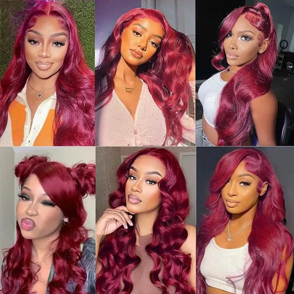 วิกผมแท้สีเบอร์กันดีความหนาแน่น 200 ขนาด 13x6 HD Lace Frontal แบบ Body Wave สี 99j  วิกผมหน้าผากแบบ Lace Front 13x4 ผมแท้ 100% วิกผมบราซิล