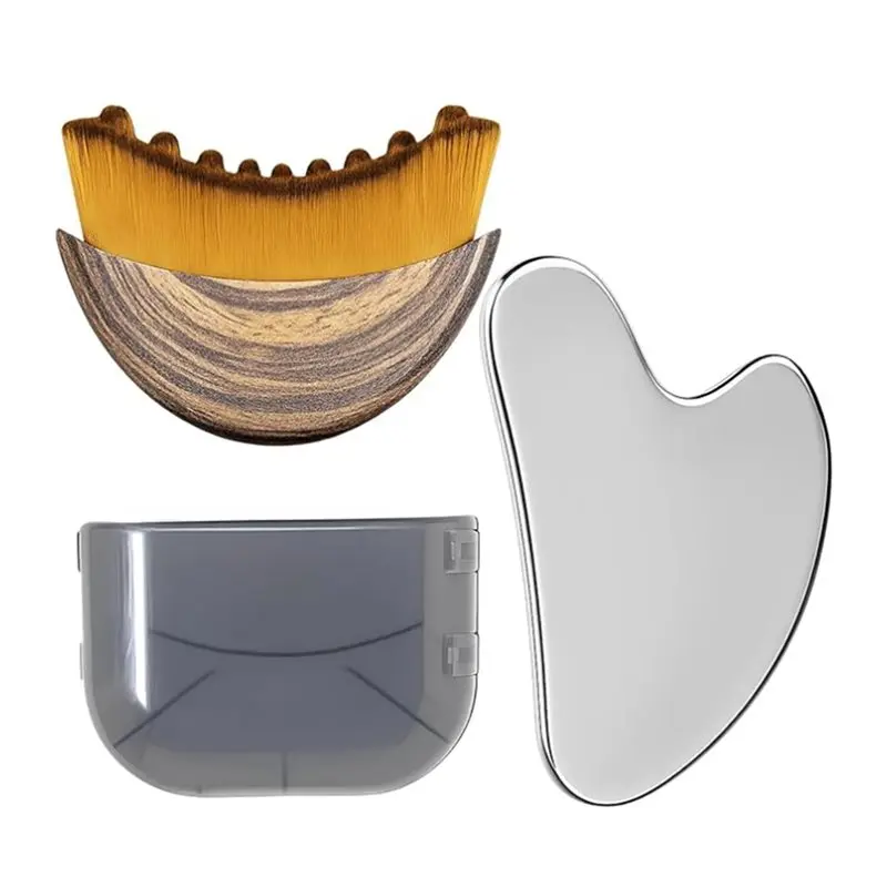 

【PLAISIR】For Jawline Sculpting Puffiness Reducing Stainless Steel Gua Sha Tool& Lymphatic Drainage Face Brush Set, Facial Massag