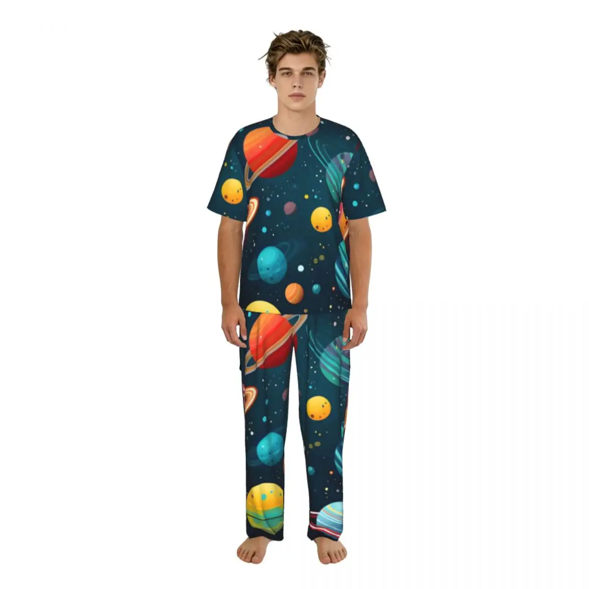 Men Pajamas Set Colorful Planets In Space And Stars Twinkling Short Sleeve Spring Summer Lounge Sleepwear Male Nightwear