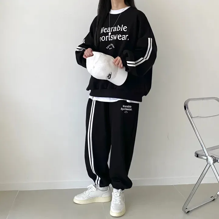 Letter Print Sweatshirt + Trousers Female Loose Streetwear Two Piece Sets Women Outfits Spring Y2k Tracksuit Solid O-Neck Suits