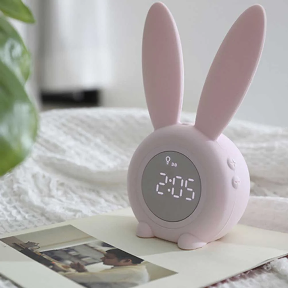 Pink Alarm Clock Table Silicone Charge Student Cartoon Rabbit Shaped Easy Time Setting