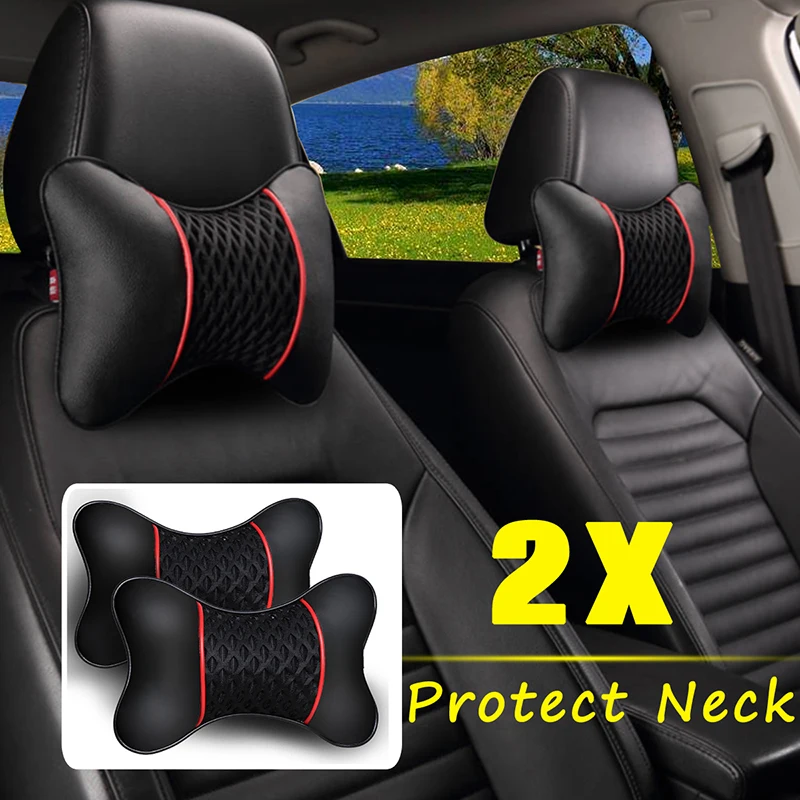 

2 Pcs Car Headrest Leather Ice Silk Breathable Mesh Bone Pillow Comfortable Elastic Cotton Headrest Neck Pillow