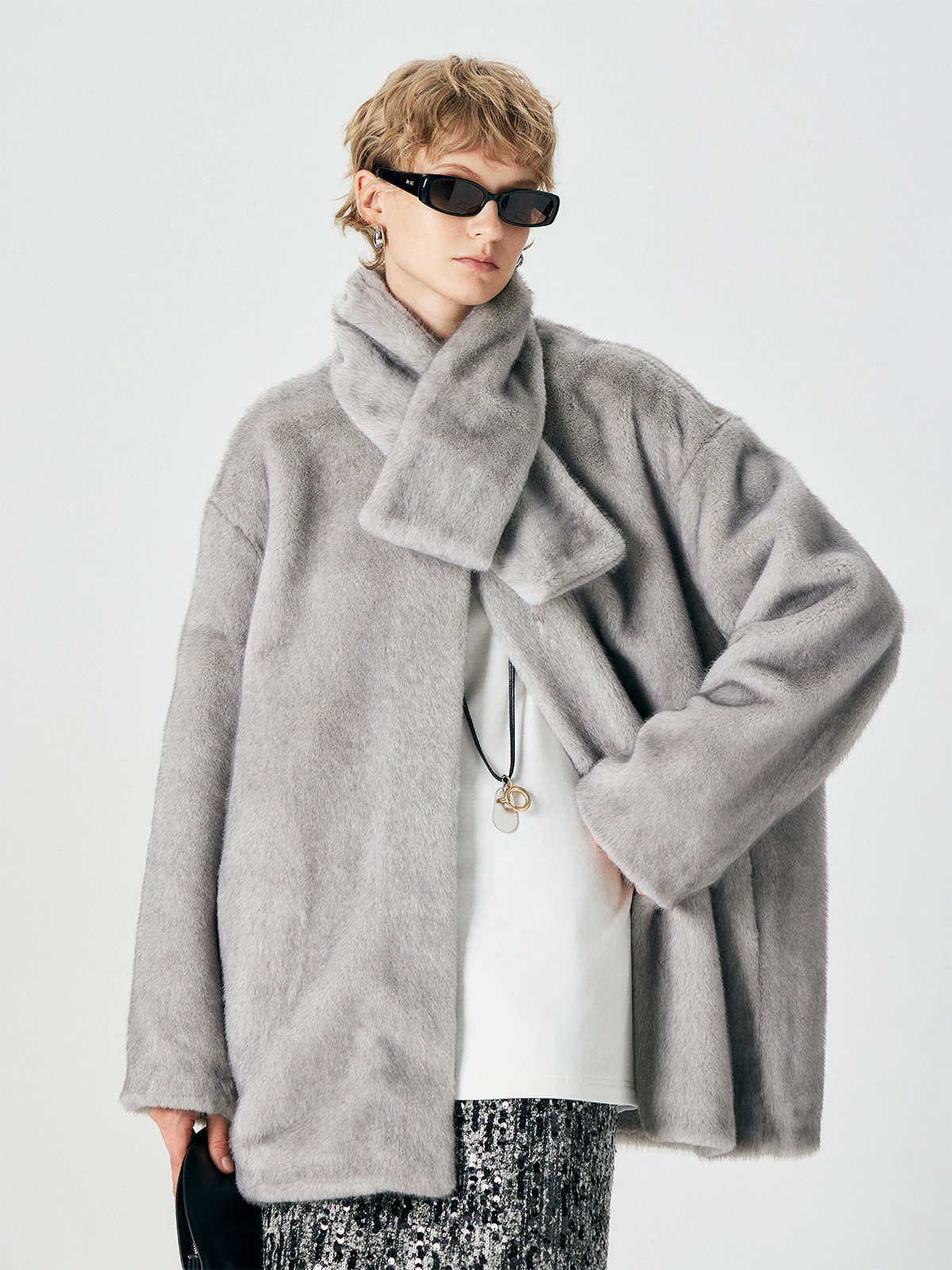 

Экологичный комплект: пальто и шарф из искусственного меха норки, длинное, простое, средней длины, для молодых женщин THORNSAURA