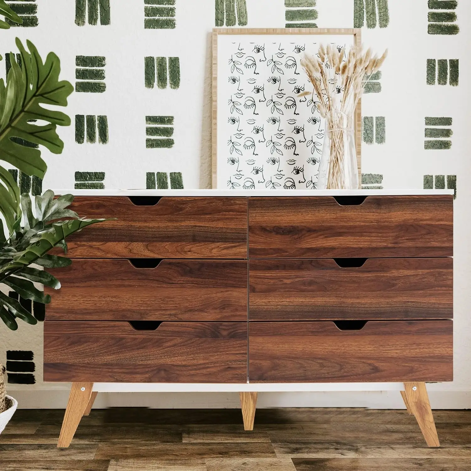 6 Drawer Dresser, Mid-Century Modern Dresser Wide 6 Chest of Drawers, Wooden Storage Cabinet for Entryway, Bedroom, Living Room