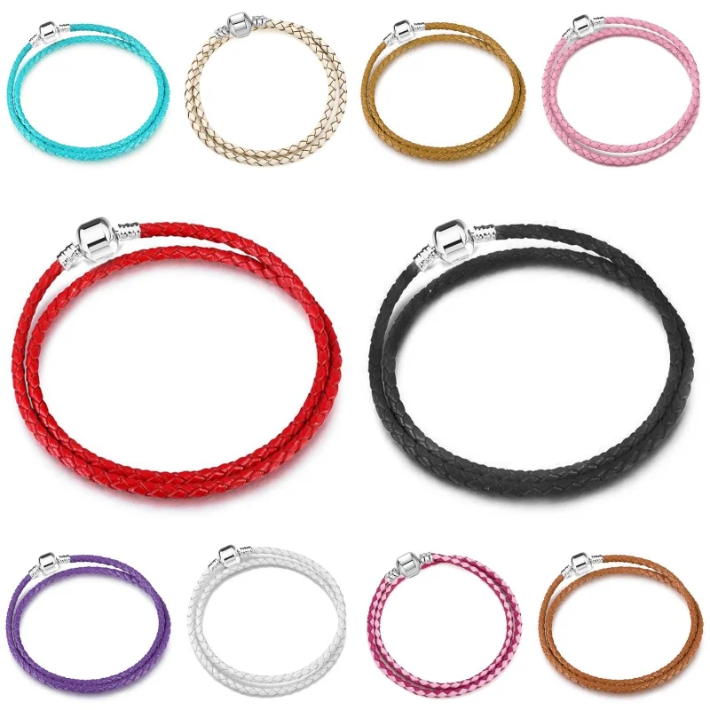 2024 Silver Color Beads Buckle Double Circle Couple Charms Leather Rope PU Birthday Bracelet DIY Women Design Jewelry Gifts