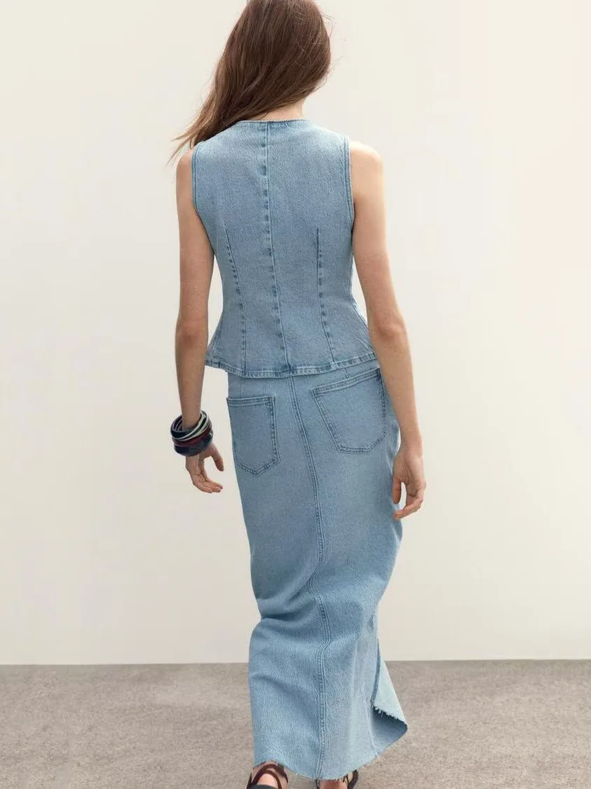 

Spring New Women's Versatile Waed Denim Svel Vest High Waist Skirt Commute Sle Stand Fit Long Dr