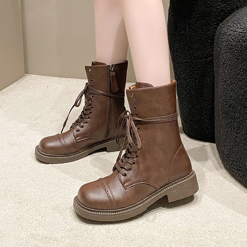 Fall New Fashion Round Front Lace-up Side Zipper Comfortable Mid-calf Boots for Women Chunky Heel Boots image 2
