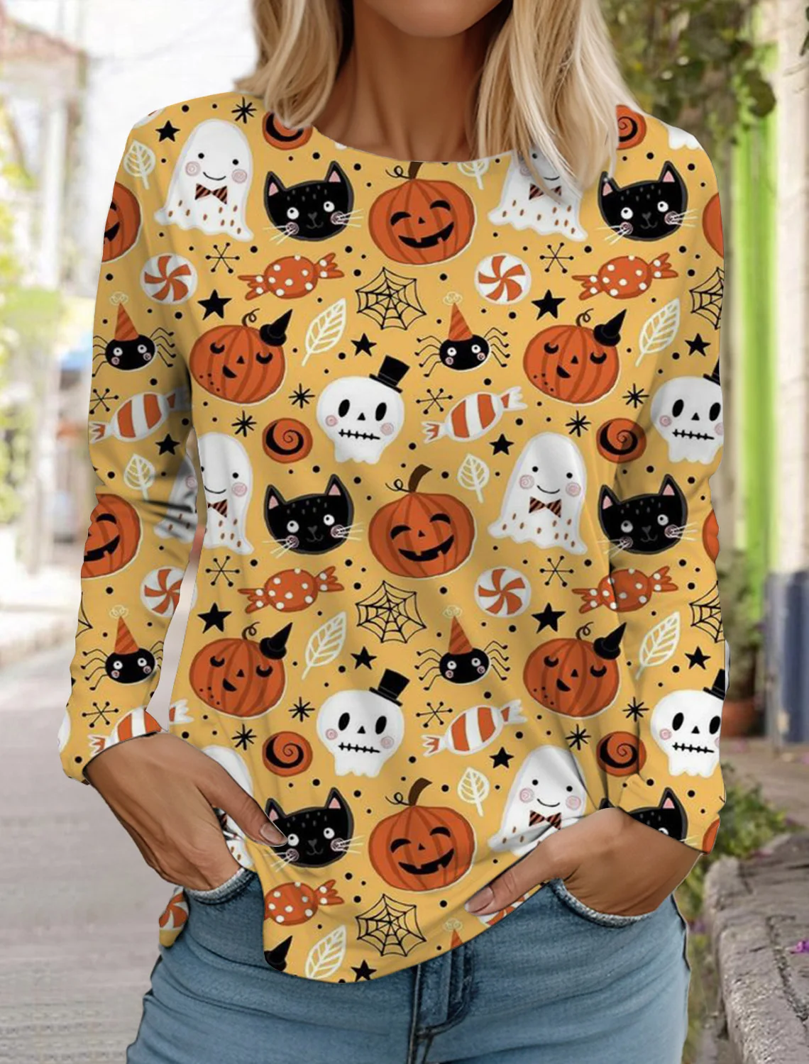 Halloween damska koszulka z długim rękawem śliczna głowa dyni 3D wzór T Shirt 2024 moda jesienna bluzki damskie pulower w stylu Harajuku odzież