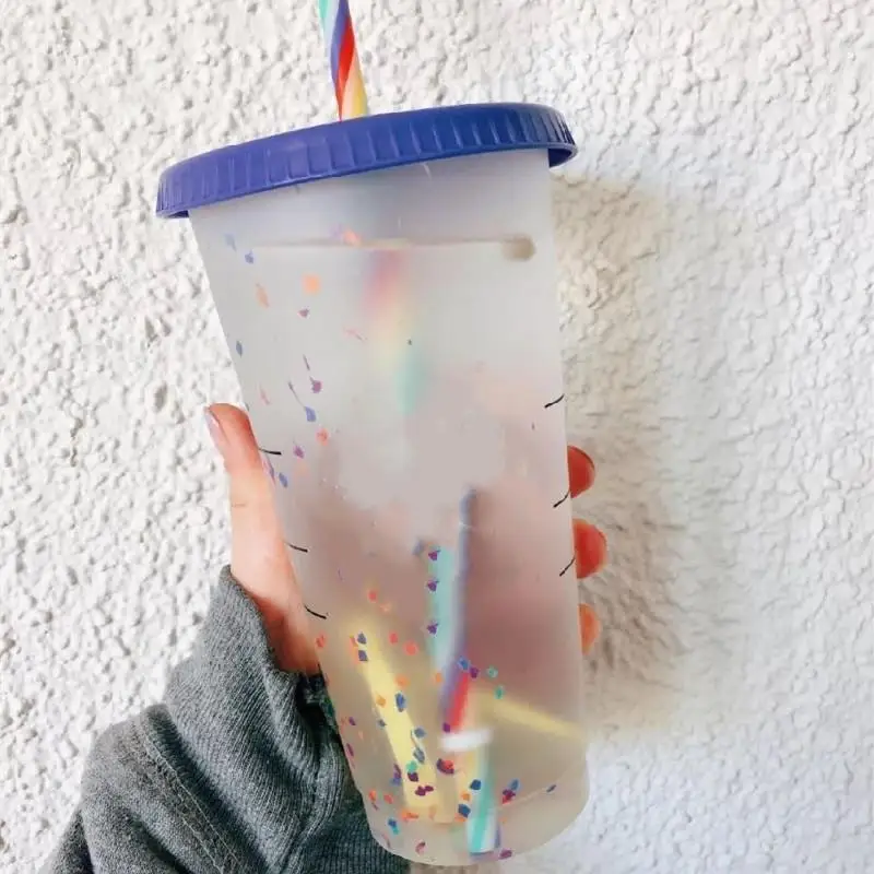 

Temperature Sensing Color Changing Plastic Cup with St Rainbow Color Outdoor Cam Travel Water Bottle Sensing Cup