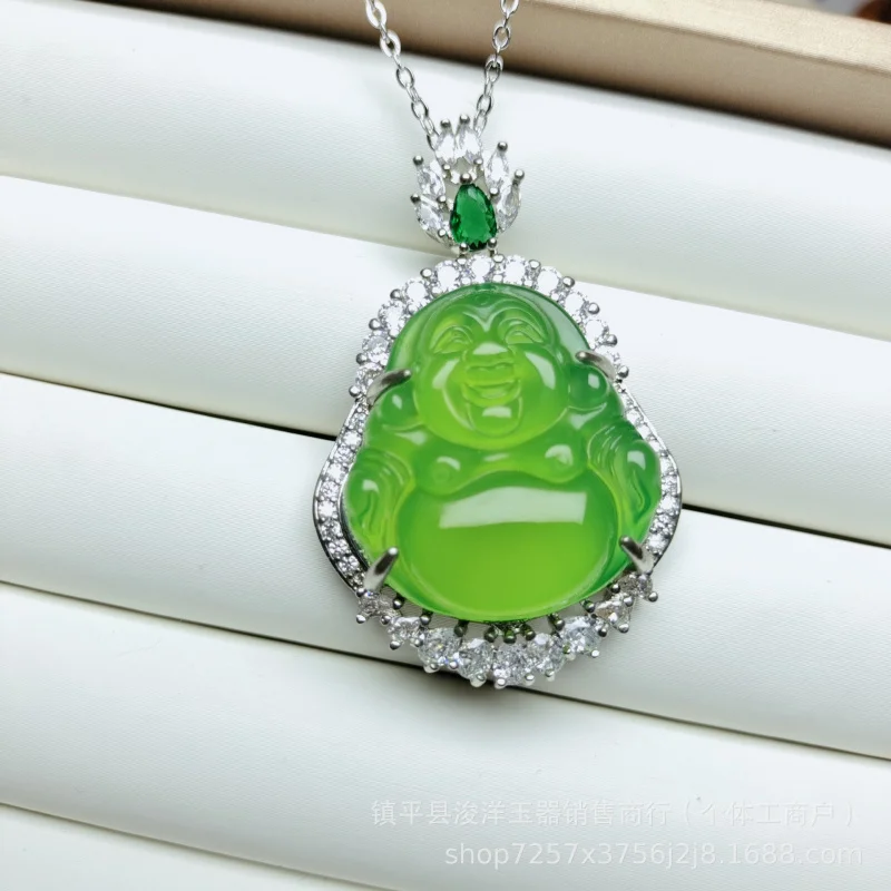 High-quality silver-plated jadeite jade pendant featuring the Laughing Maitreya Buddha with green agate gemstone